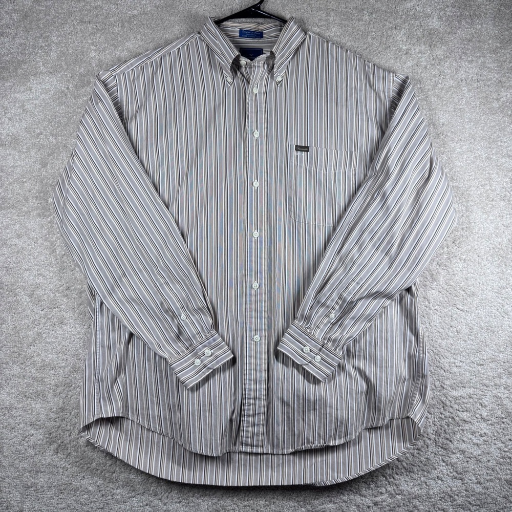 Faconnable Mens XL Button Down Shirt Long Sleeve Striped Cotton Brown Blue White